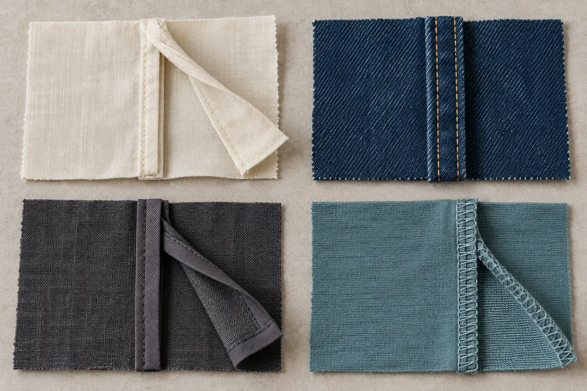 Four fabric samples showing enclosed, flat-felled, bound and overlocked seams