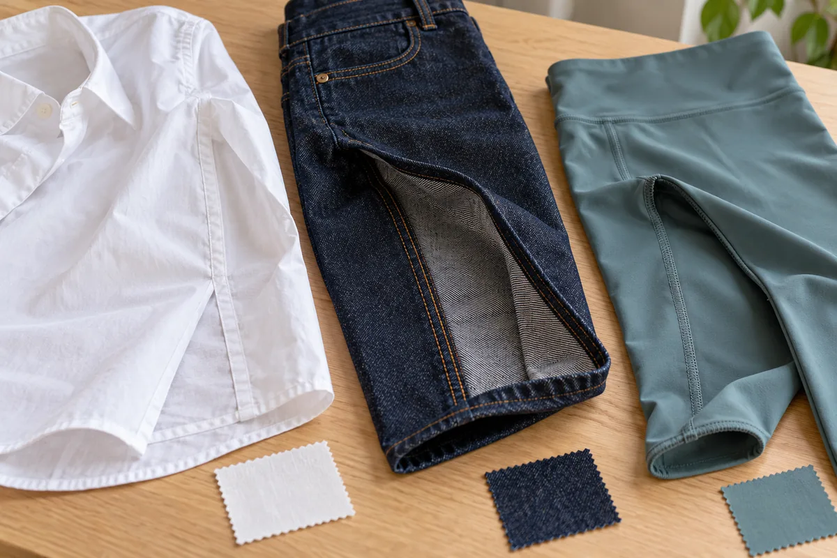 Shirt, jeans and activewear showing different garment seam applications